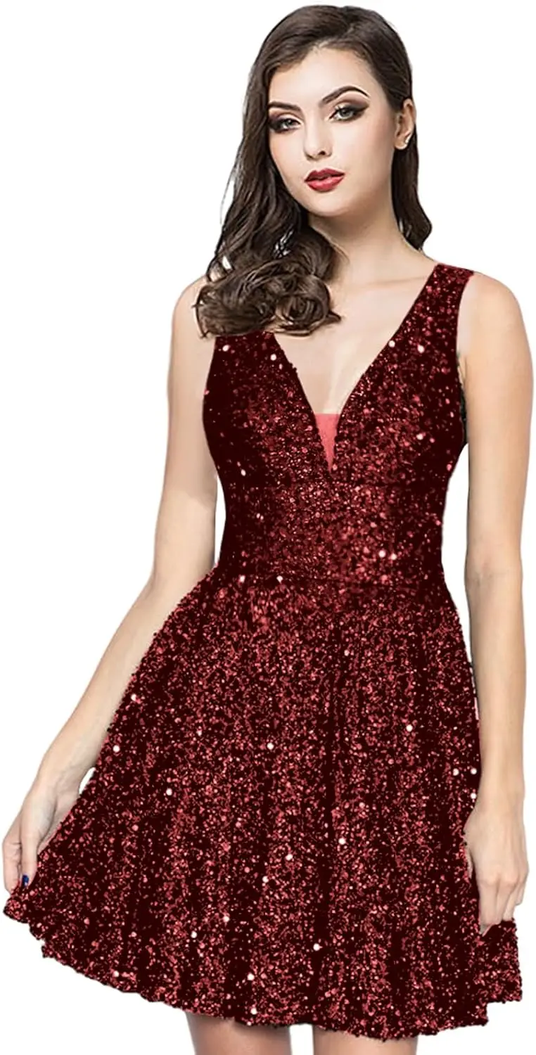 

Сверкающее платье «Снова в школу», короткое праздничное бальное платье трапециевидной формы в форме сердца, сверкающее коктейльное платье для выпускного вечера с v-образным вырезом