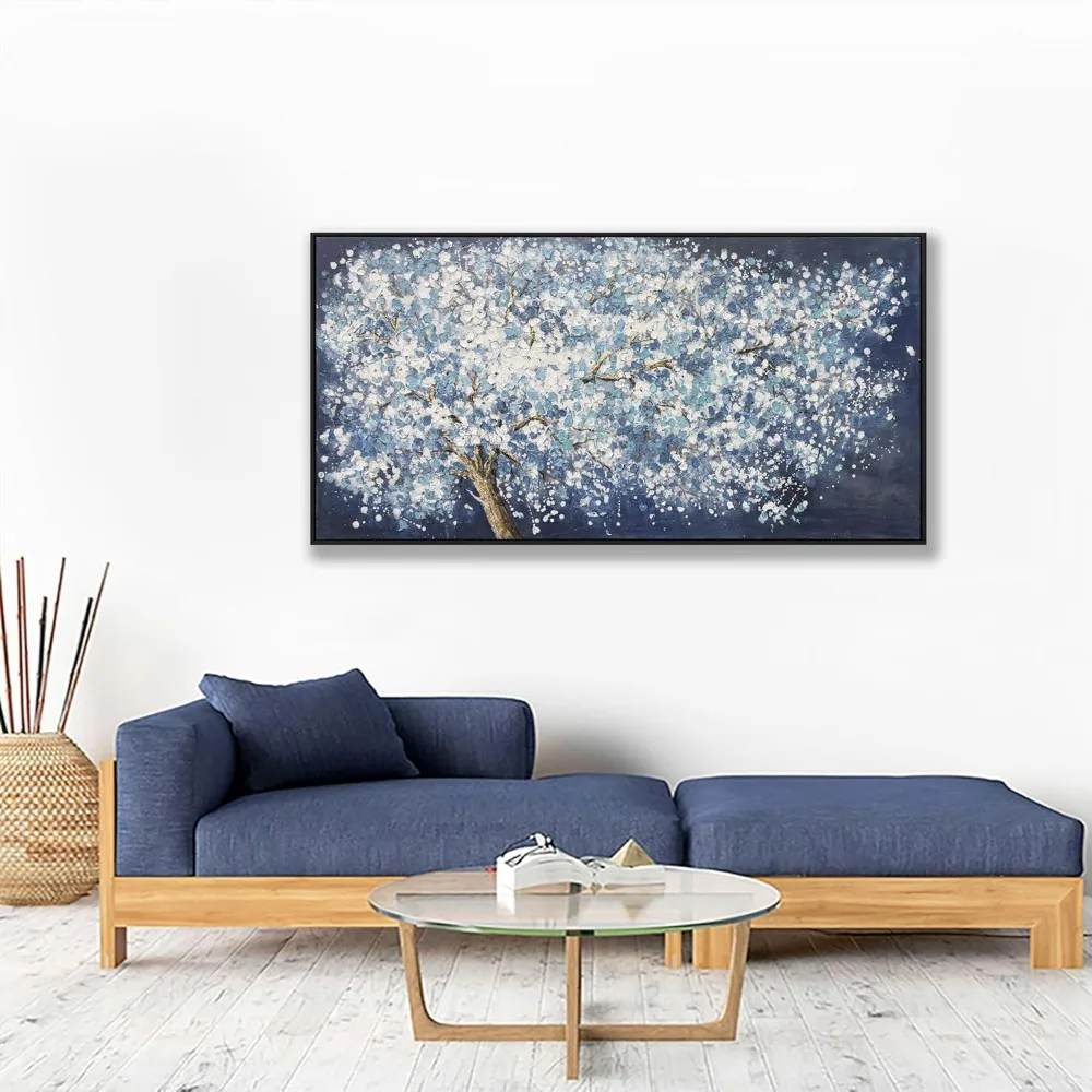 

Deep blue and white abstract tree plant abstract wall art, large-scale modern painting framing picture