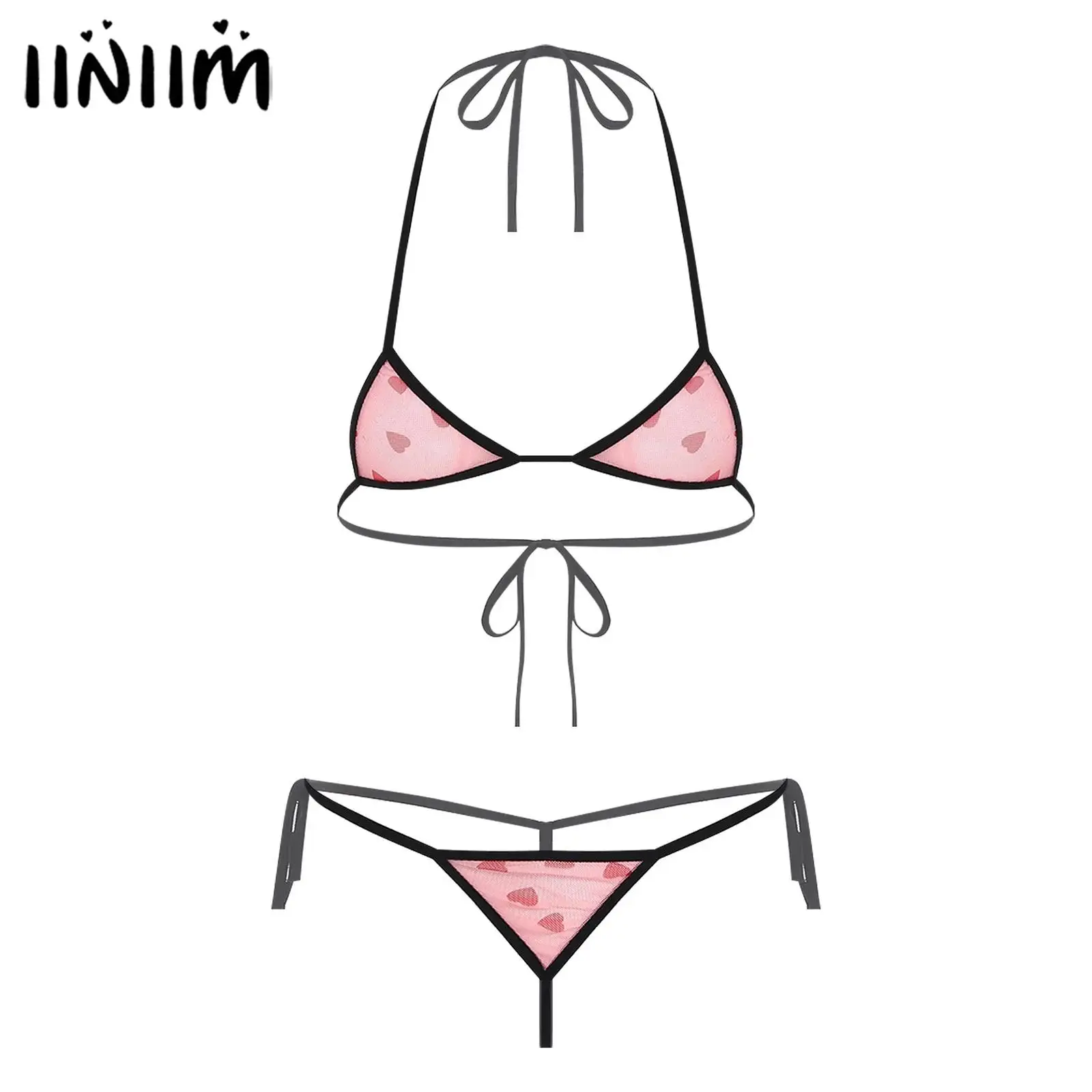 Set intimo da donna micro mini bikini lingerie set reggiseno con lacci in rete trasparente stampato top e perizoma con retro a T costumi da bagno da notte Raves