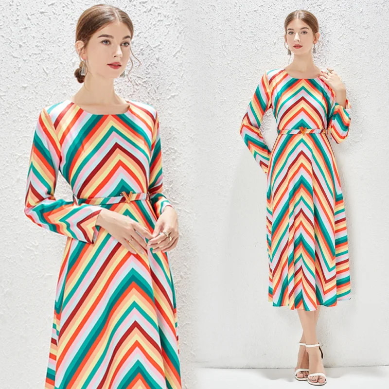 

Real Shot Big Same round Neck Long Sleeve Elegant French Retro Dress Color Letter Dress with Belt