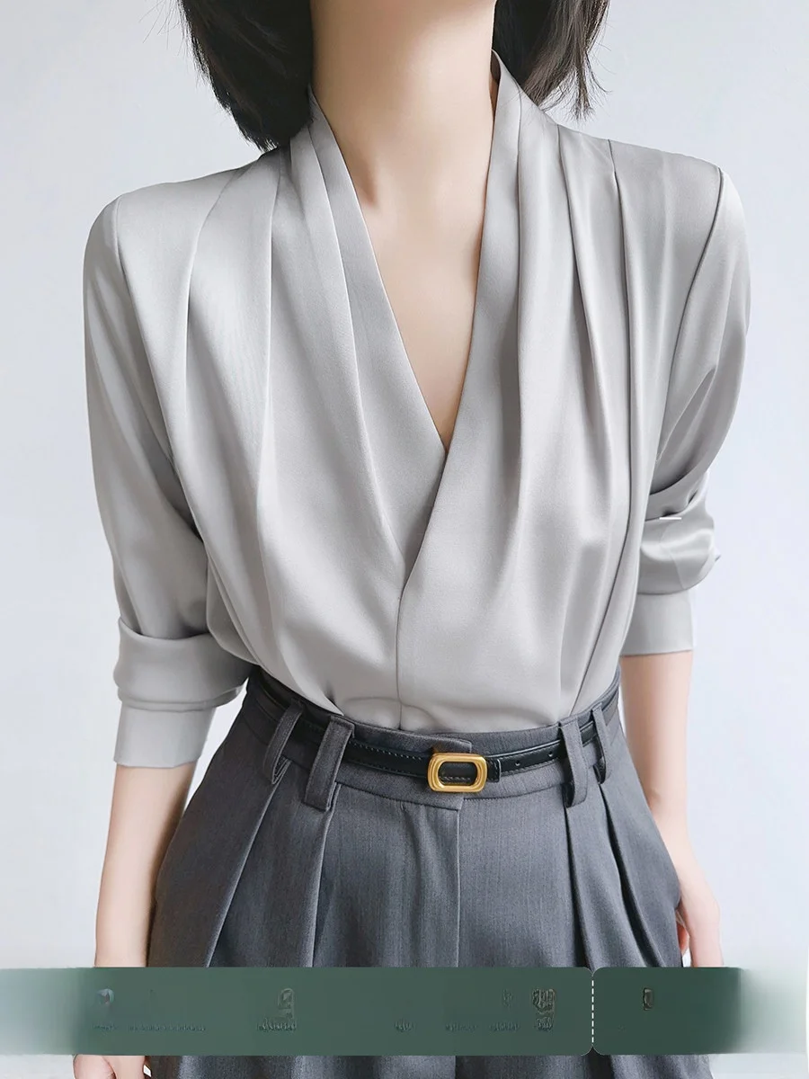 

XALI Grey Silk Satin Shirt Women's Professional V-neck Commute Style Loose Fit Long Sleeve Casual Top