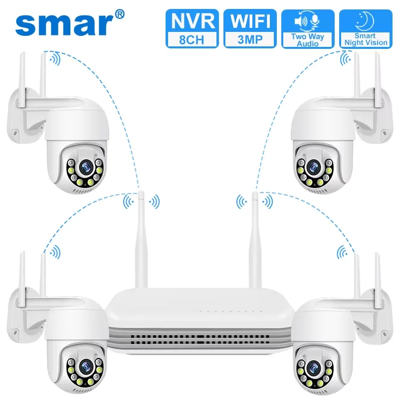 Smar 3MP ワイヤレス CCTV セキュリティカメラシステム PTZ Wifi カメラ屋外監視カメラキットアラーム 8CH NVR WIFI カメラセット