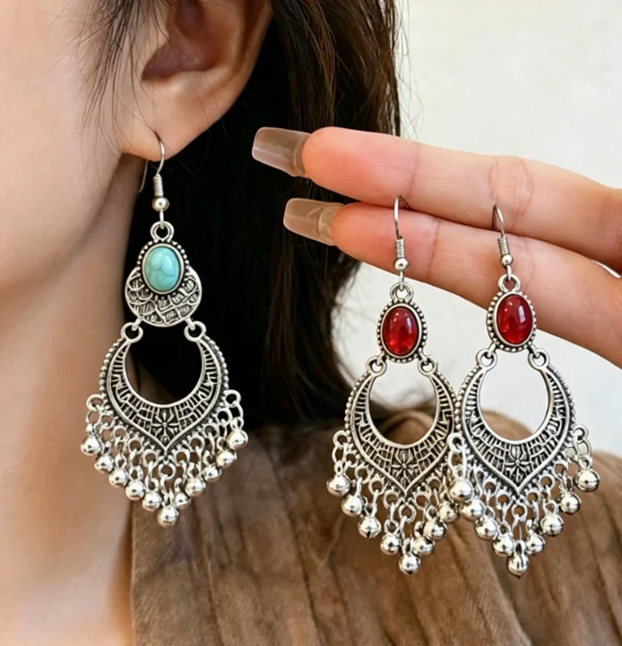 National style flowy stud earrings, Bohemian style imitation turquoise elegant and exquisite earrings for ladies