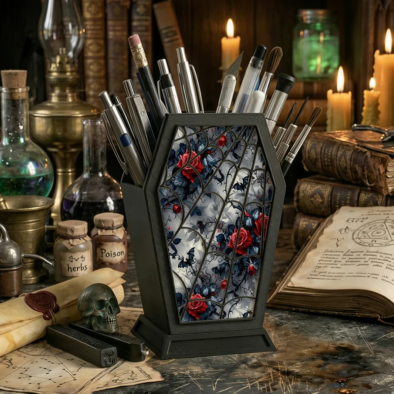 Gothic Floral Pen Holder Red Rose Spider Web Pattern Pencil Cup Spooky Desktop Stationery Organizer Halloween Home Office Desk D