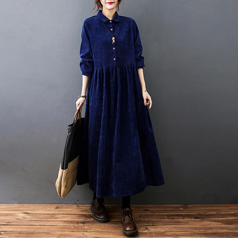 #6824 Autumn Winter Corduroy Dress Polo Neck Buttons A-line Dress Ankle-length Vintage Long Shirt Dress Loose Black Blue Red