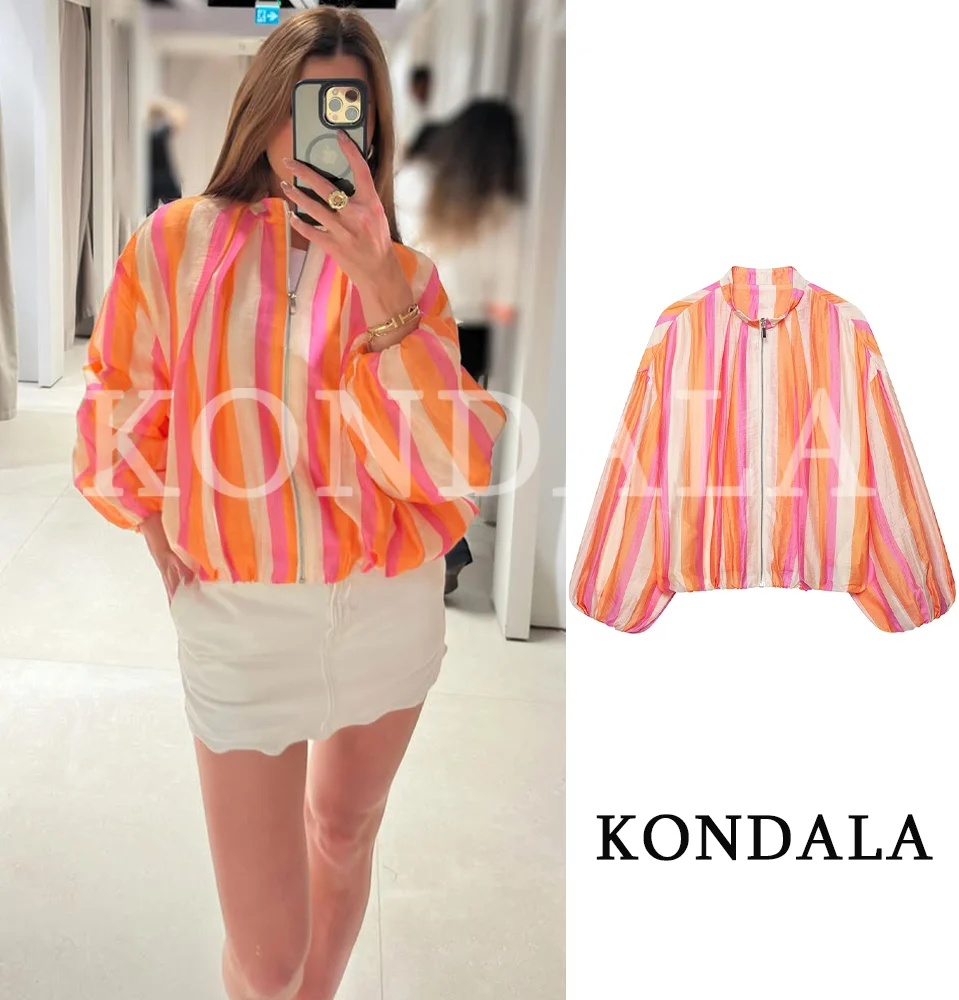

Women Summer Trendy Contrasting Striped Jacket KONDALA 2026 Fashion High Street Zipper Jacket Female Holiday Stand-Collar Jacket