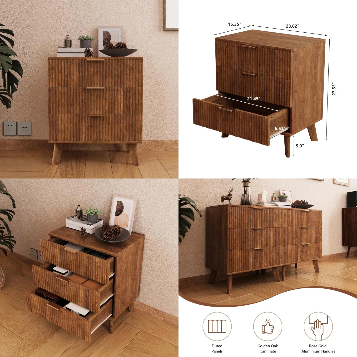 

Fluted 3 Drawer Dressers, Modern Closet Dressers Chest of Drawers, Wood Storage Dresser Chest of Drawers Organizer, Customized