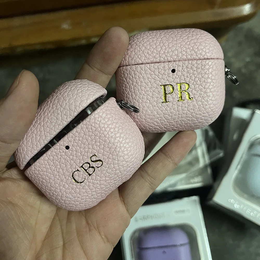 Personalized Initials Letters Customize Earphone DIY Case For Airpods 1 2 3 4 Pro 2 Luxury Lychee Skin Pattern With Keychain