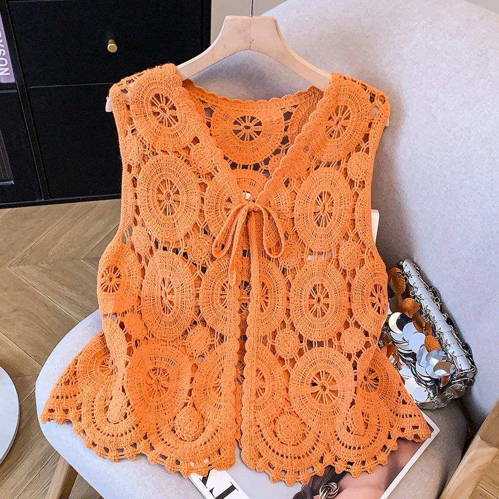 Unique Beautiful Hollow out Knitted Vest Cardigan Women's Summer Design Sleeveless Shoulder Pad Vest Outerwear V-neck Short