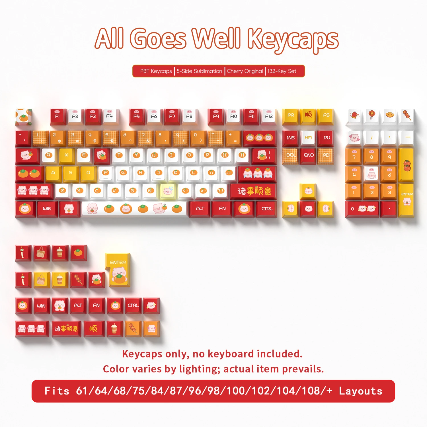 All Goes Well Keycaps 132 Keys PBT Material Keycaps Cherry Profile DYE-SUB For MX Switch Wooting Mechanical Keyboard Keycaps