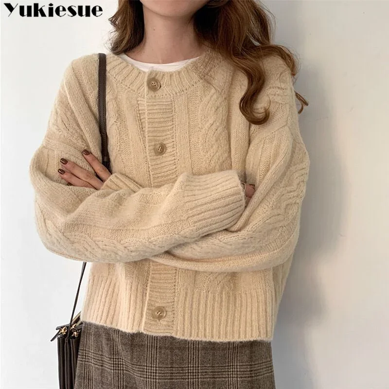 2023 الخريف الشتاء الطبعة الكورية المرأة أزرار فضفاضة حتى متماسكة سترة دافئة سترة معطف الصلبة طويلة الأكمام المرأة سترة غير رسمية