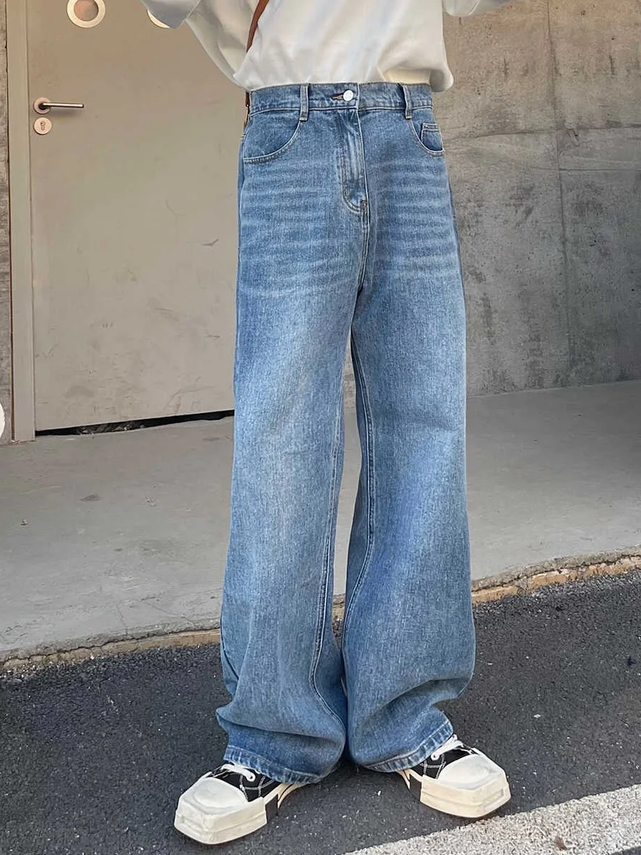 

Свободные широкие синие джинсы для мужчин, повседневные брюки прямого кроя в стиле ретро, удобные классические синие джинсовые брюки в гонконгском стиле