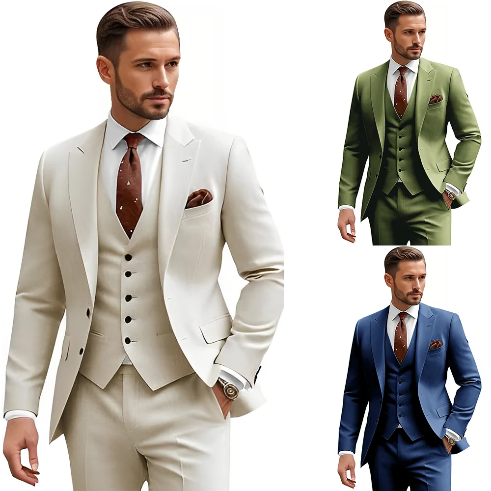

Men Slim Fit 3 Piece Suit Sets Wedding Suits 2 Button Blazer Peak Lapel Solid Suit Single Breasted Vest & Pants