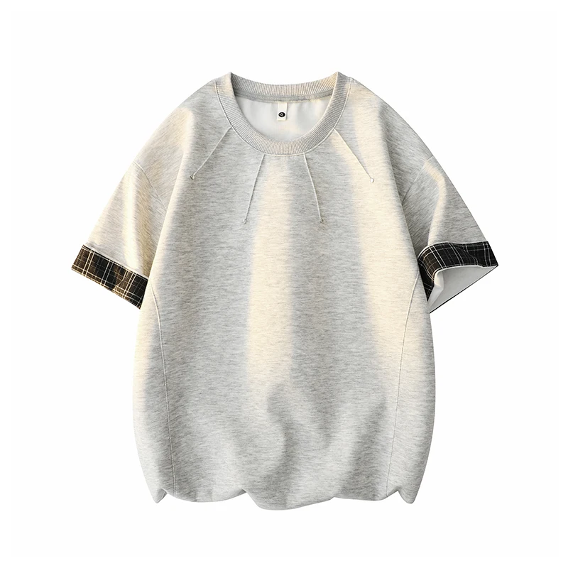 Men's Loose Fit  Colour Blocked Checked Cuff Studded Round Neck Korean Style Casual Streetwear Preppy Short Sleeved T Shirt
