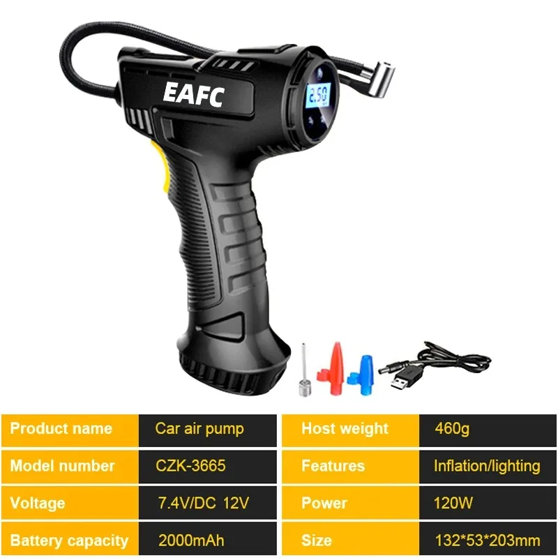 EAFC 120 W tragbarer Luftkompressor, kabellose aufblasbare Pumpe, tragbare Luftpumpe, Reifenfüller für Auto, Fahrrad, Bälle, Motorrad, LED-Leuchten, UBS-Ladegerät – Detail 7