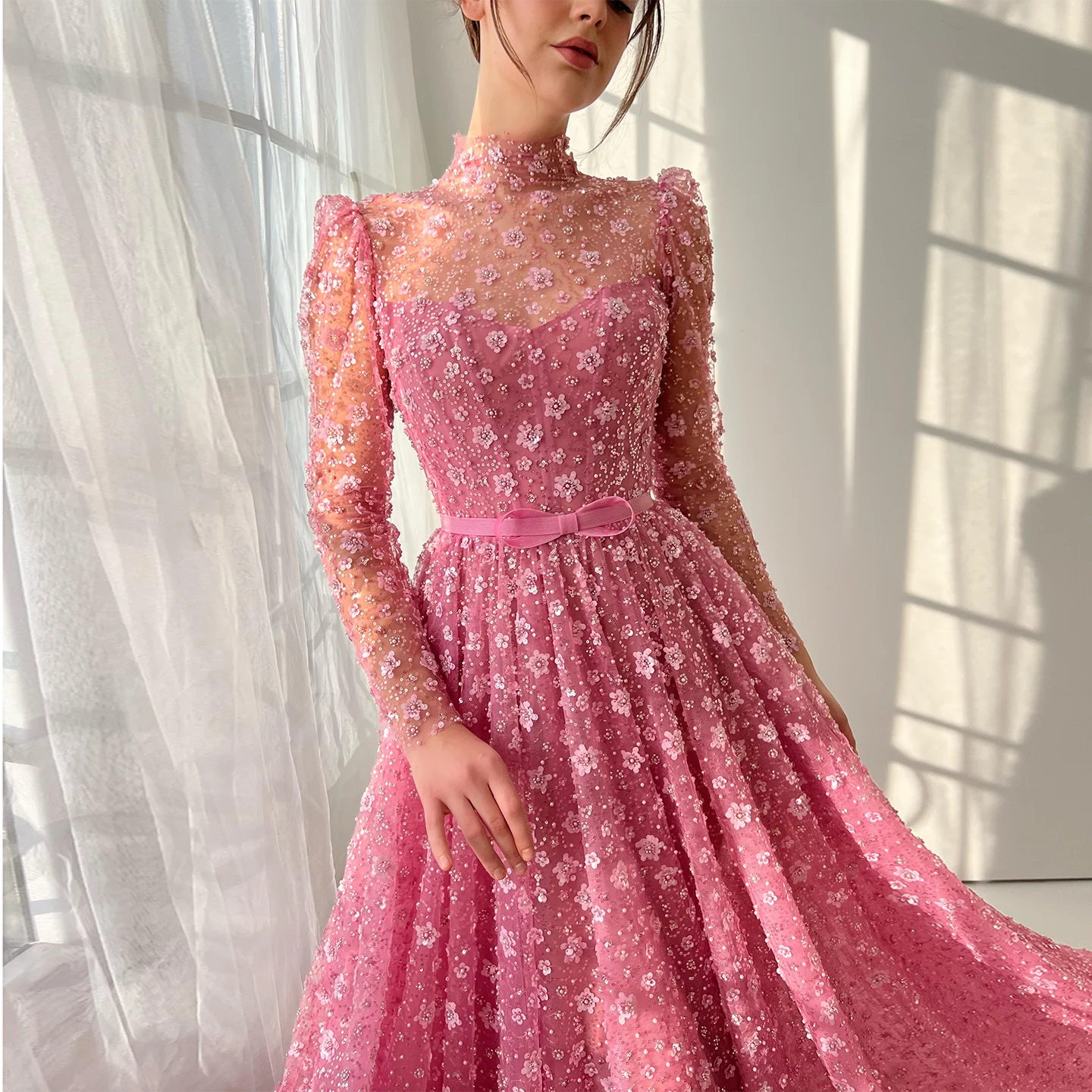 

Sharon Said Pink Long Sleeve Evening Dresses Beaded 3D Flowers Bow High Neck Formal Dresses for Women Wedding SS700 Customized