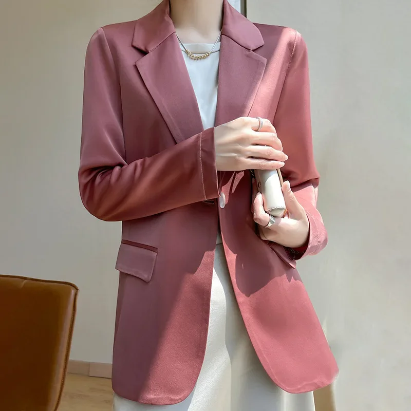 Spring Blazers for Women Suits Sun Protection Jacket Ladies Satin Drape Silky Soft Long Sleeve Suit Clothing Lapel Autumn Coats