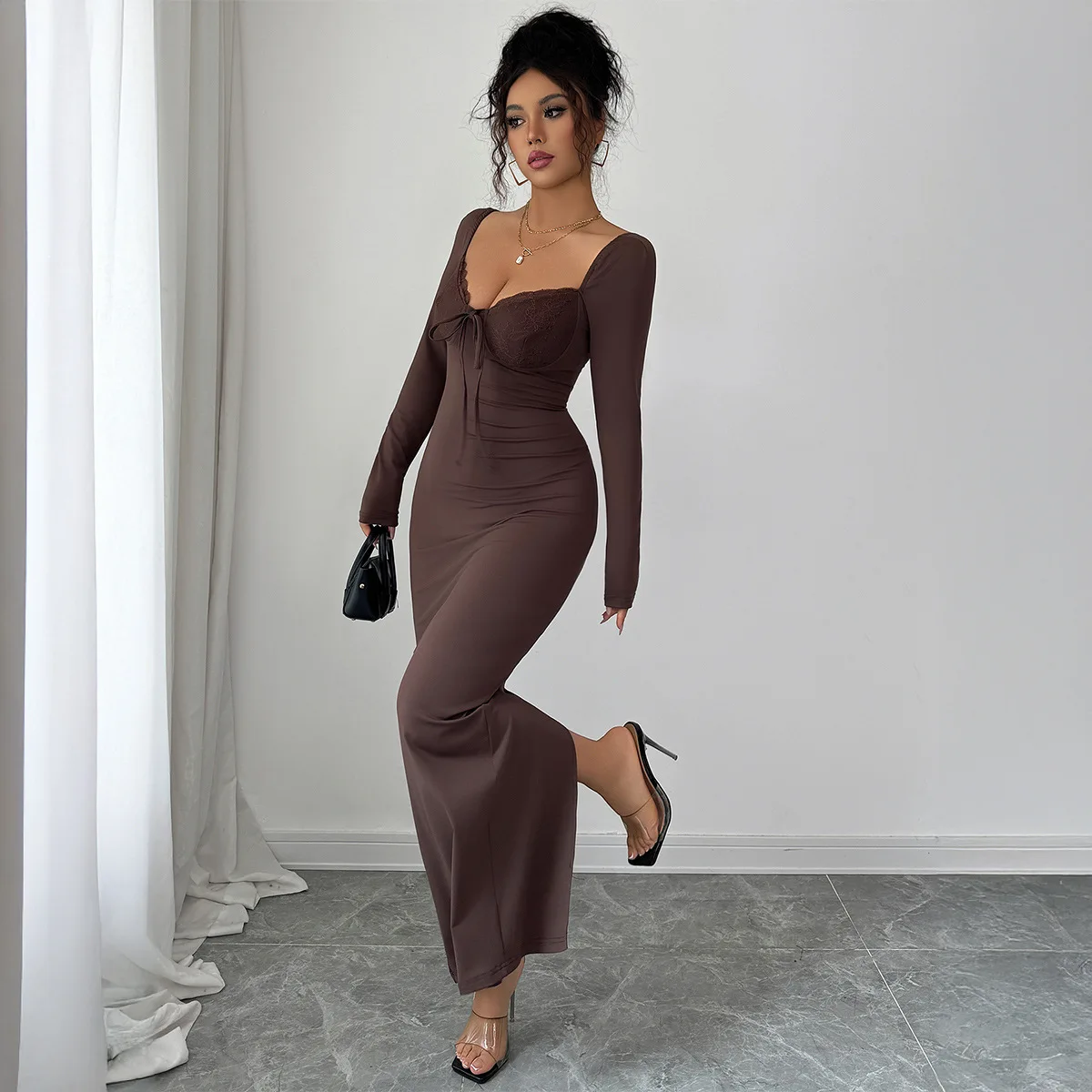 

Spring Casual Resort Women's Long Dress Solid Lace V-Neck Bow Long Sleeves Slim Fit Backless Hip-Hugging Black Brown dress
