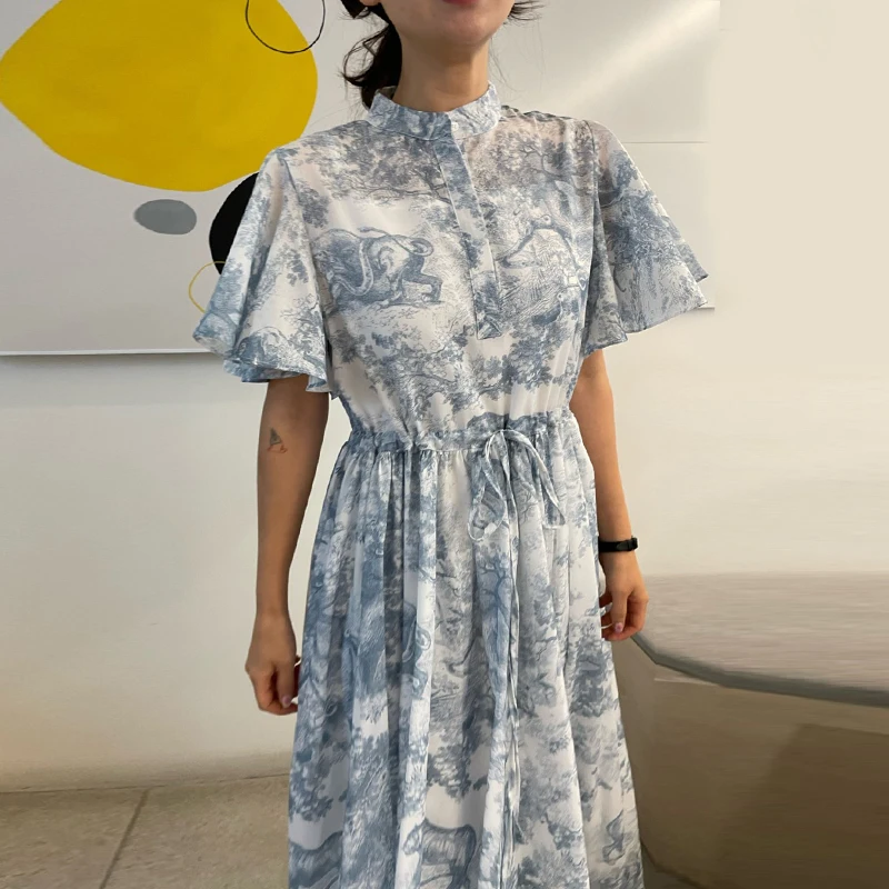 2024 Summer Printed Chiffon Long Maxi Dress Women Elegant Vintage Fashion Drawstring Short Sleeve Stand Collar Ladies Vestidos