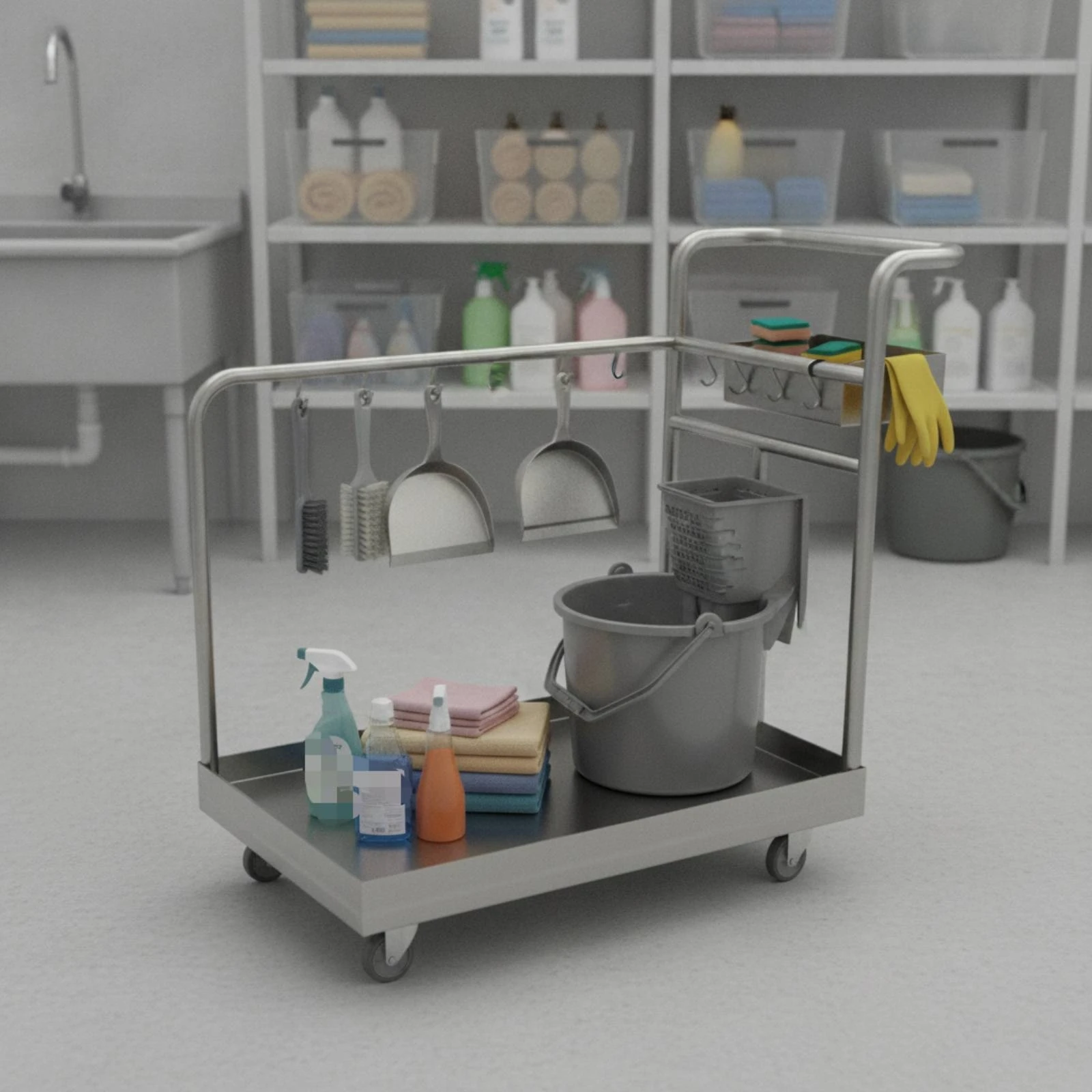 Janitorial Cart with Hooks Commercial-Grade Stainless Steel Cart with Hooks Brushed Smooth-Rolling for Janitors, Hotels