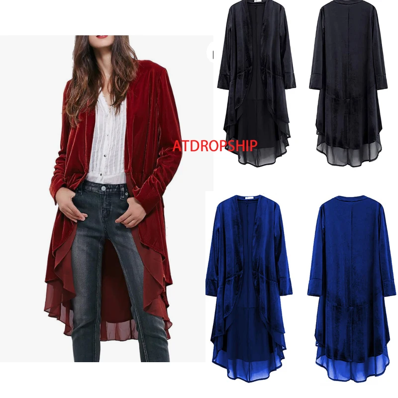 

Women Long Velvet Cardigan Jacket Ruffle Asymmetric Open Front Vintage Cardigan Coat Fashion Patchwork Flowy Jackets costume