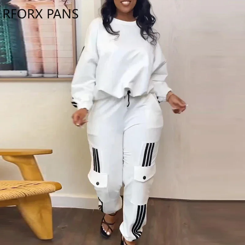 Women Chic Round Neck Multi Pockets Side Striped Sweatshirt Pants Sets