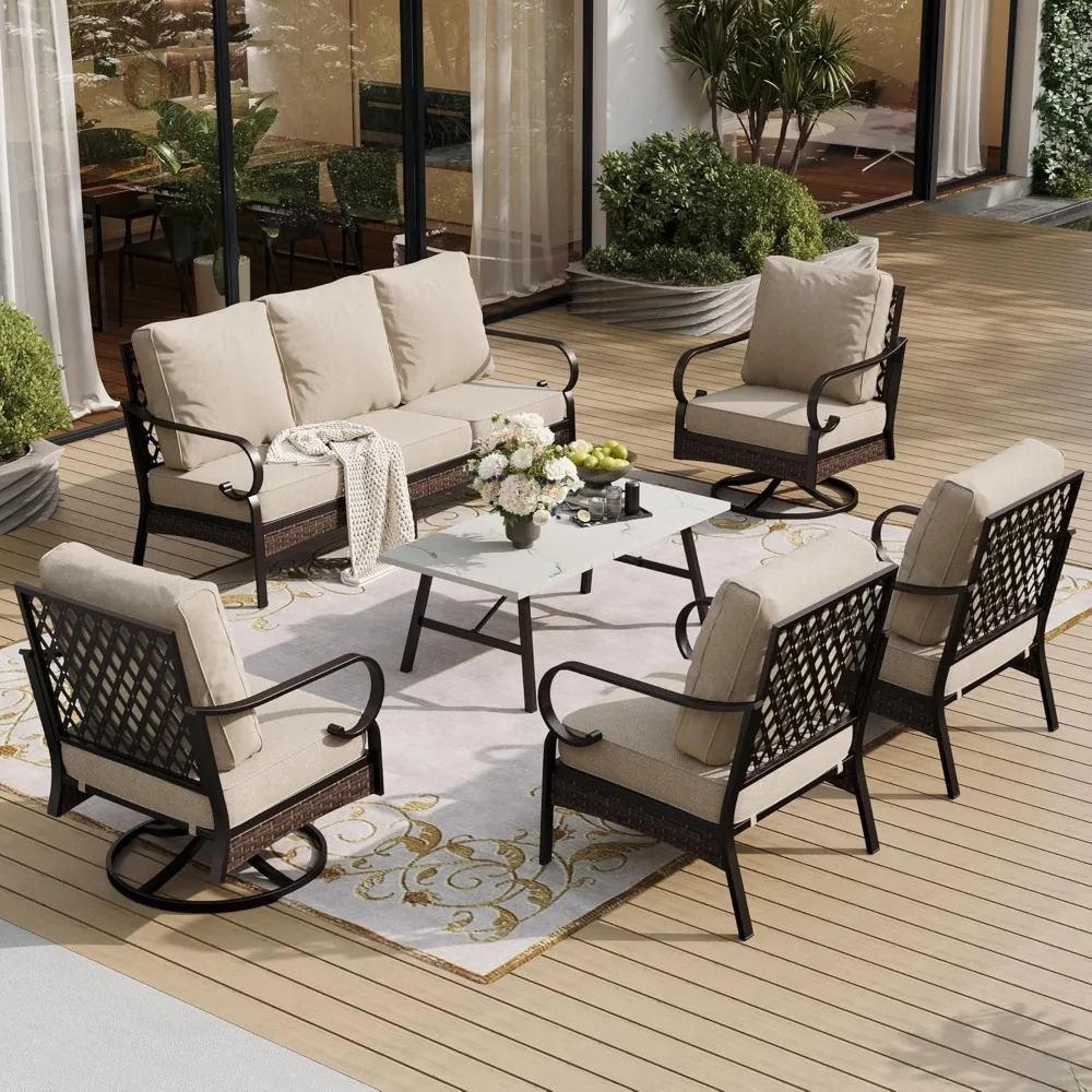 

Металлический набор мебели для патио из 6 предметов, набор для бесед в патио с 3-местным диваном, 2 фиксированными диванами, 2 поворотных дивана (толщина 5,75 дюйма)