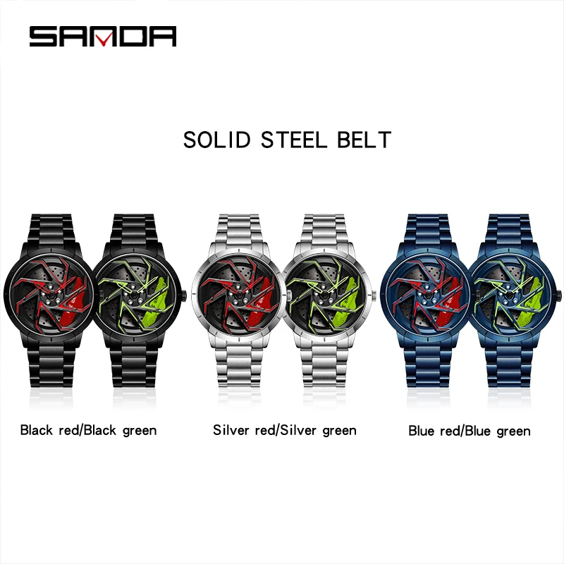 SANDA P1088 Hot Sell New Stainless Steel Band Watch Premium Quartz Movement Shaped 360 Rotating Car Wheel Dial Relogio Masculino