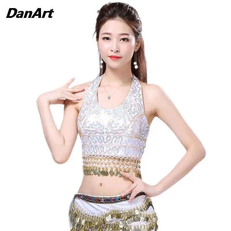 Sequin Performance Dress Wrap Chest Sparkly Belly Dance Bra Women Shiny Hang Coin Stage Tassel Top Ladies Dancer Wear