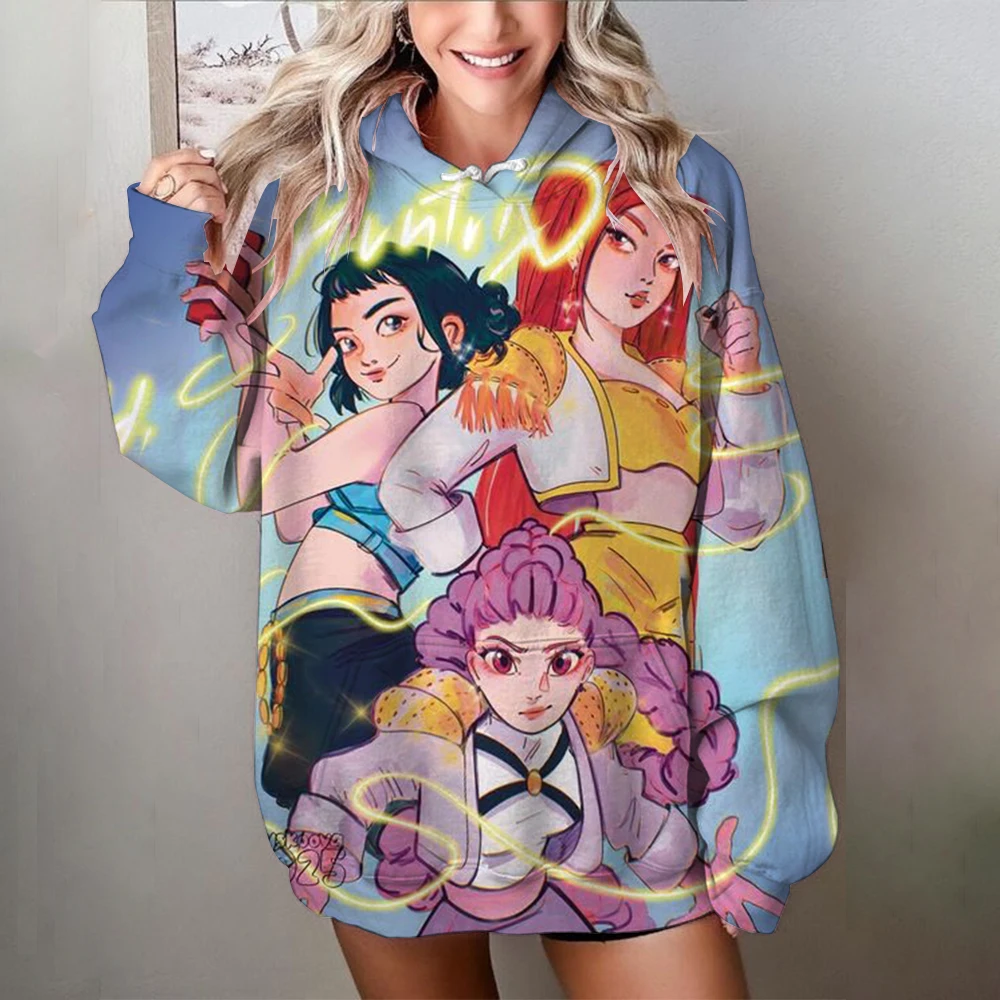 レディース K-POP デモンハンターズ パーカー 秋冬 暖かい プルオーバー トレンド カジュアル 長袖 スウェットシャツ アニメ風 キャラクター グラフィック