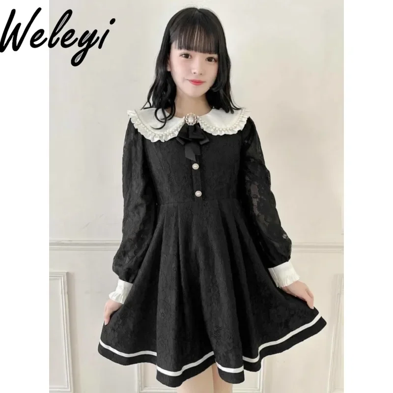 

Cutecore Women Clothes Lolita Dress Japanese Fashion Autumn New Kawaii Frock College Style Mine Lace Pearl Doll Collar Sukienka