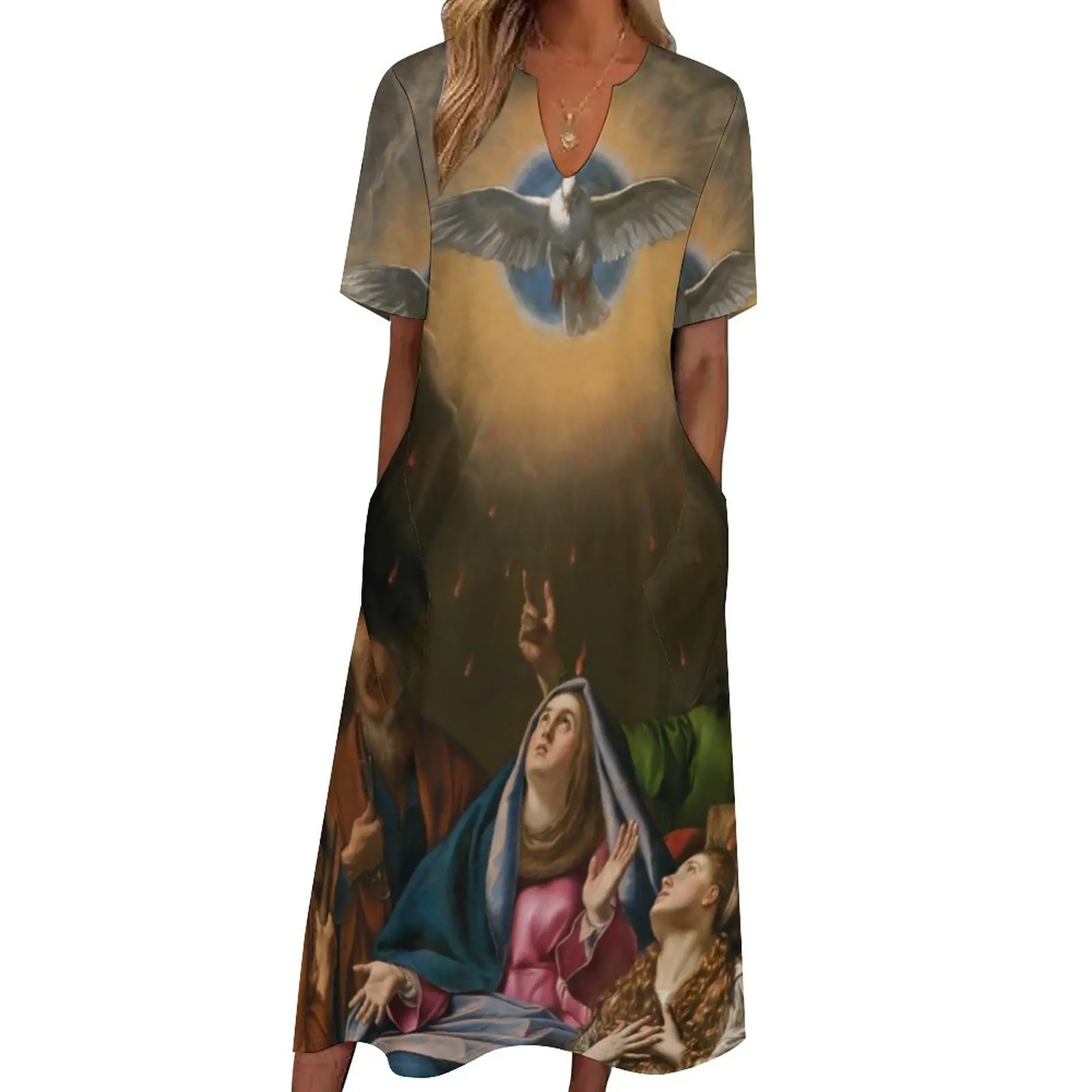 Virgin Mary Dress Pentecost Beach Maxi Dress Aesthetic Boho Beach Long Dresses Women V Neck Custom Oversized Clothing