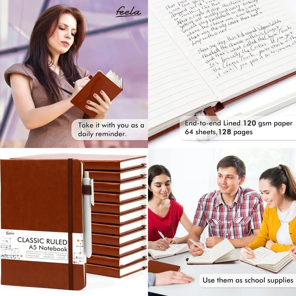 

Bulk A5 Ruled Journals Set with 12 Pens, Brown Hardcover Notebooks for School, Business, and Travel
