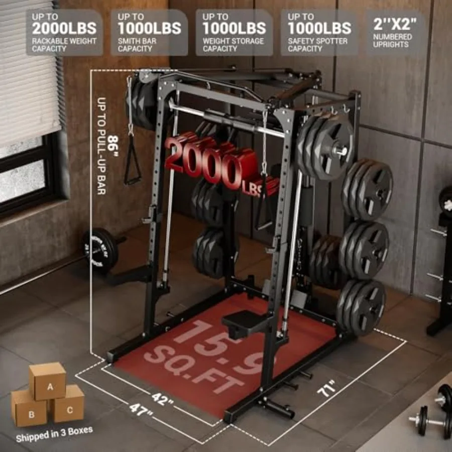 Home Gym Power Rack with Cable Pulley System, Pull Up Bar, Dip Station, Weight Plate Storage