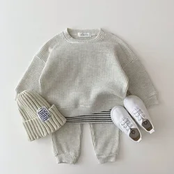 2023 Korean Baby Cotton Kintting Clothing Sets Mock Two-piece Waffle Cotton Kids Boys Girls Clothes Sets Tracksuit Tops+Pants