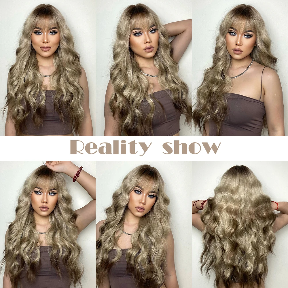 Brown Blonde Ombre Synthetic Wigs Natural Long Body Wavy Wig with Bangs for Afro Women Daily Party Use High Temperature Fiber