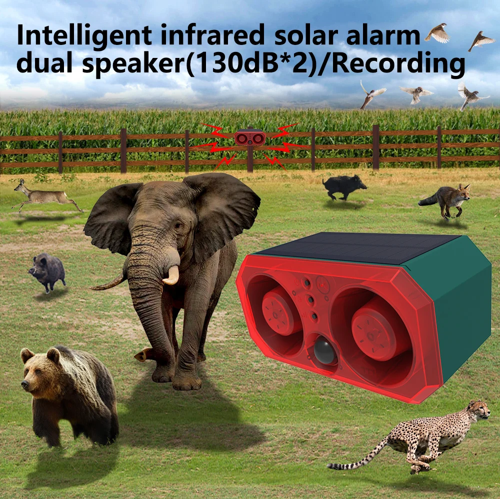 Solar Alarm Animal Repeller Two Speakers Recording Motion Detection Alarm Sensor Flash Sensing Extra Large Volume