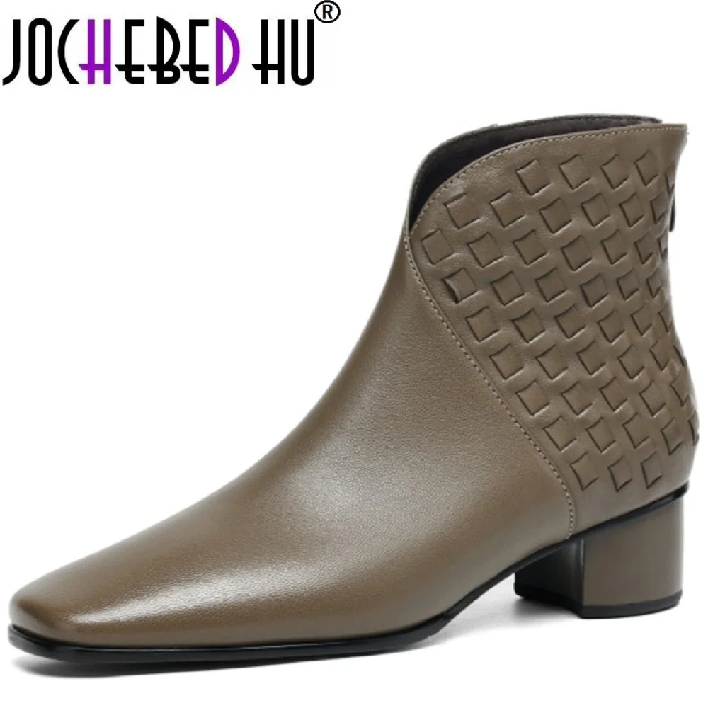 

【JOCHEBED HU】Handmade Genuine Leather Ultra Soft ort Boots Women's Autumn Winter Retro Sle Fce Mid Heel Square Head 34-40