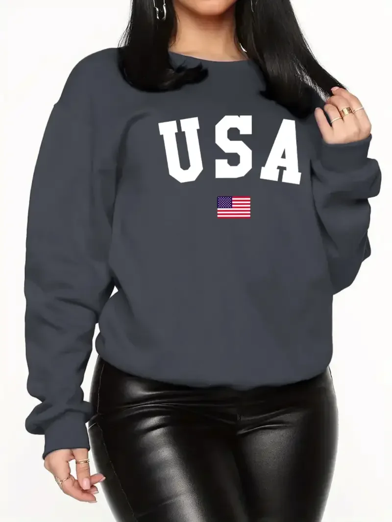 

Women's Sweatshirts USA Flag Print Casual Pullover Autumn Sweatshirt Hoodie Vintage Round Neck Long Sleeves Sports Sweatshirt