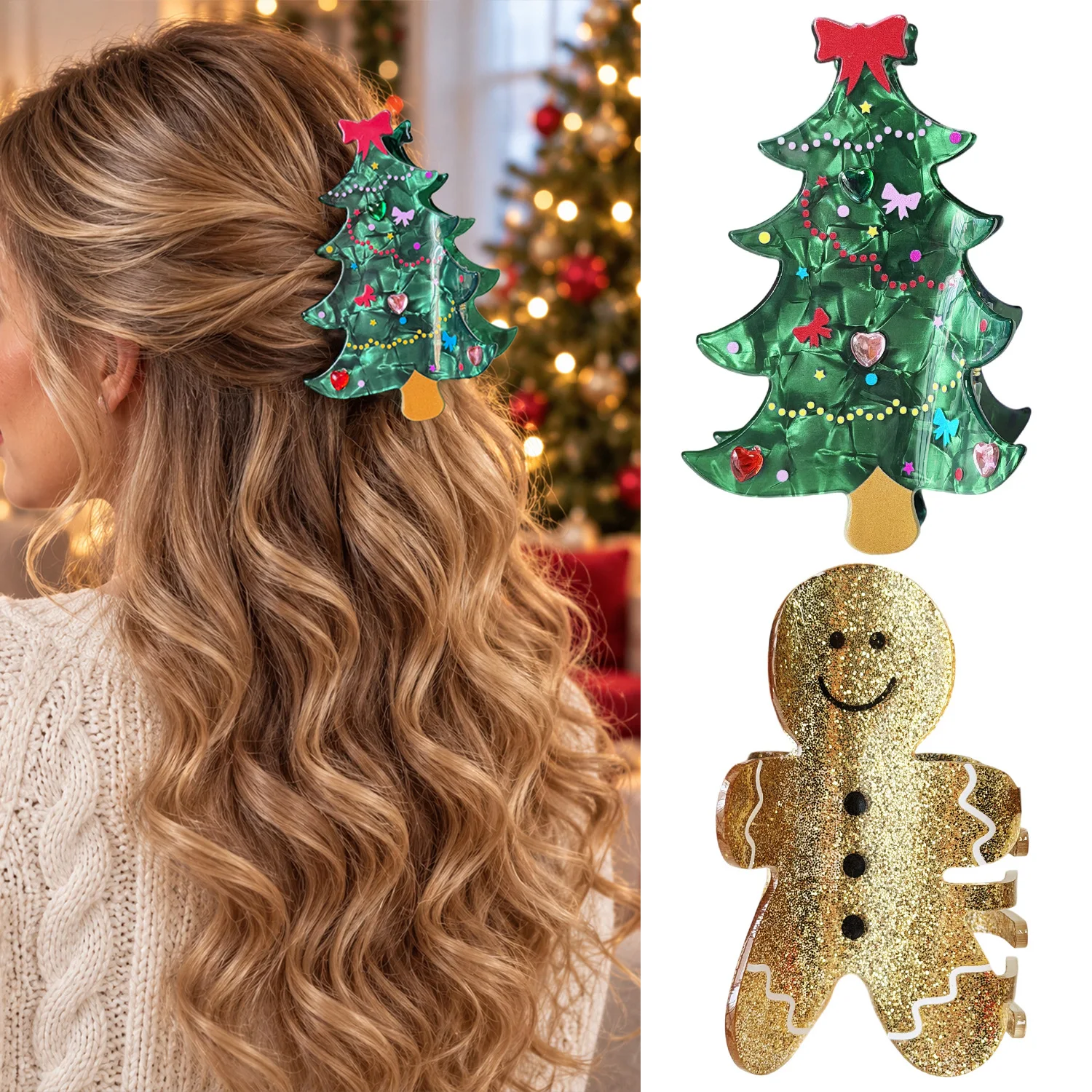Christmas Hair Claw Shiny Gingerbread Man hair claw clips Rhinestone Christmas Tree Bun Ponytail Clip Glitter Hair Accessory