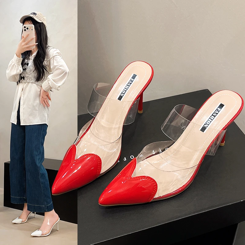 Clear Strap Heel - Kadın Kırmızı Kalp Desenli Rugan Şeffaf