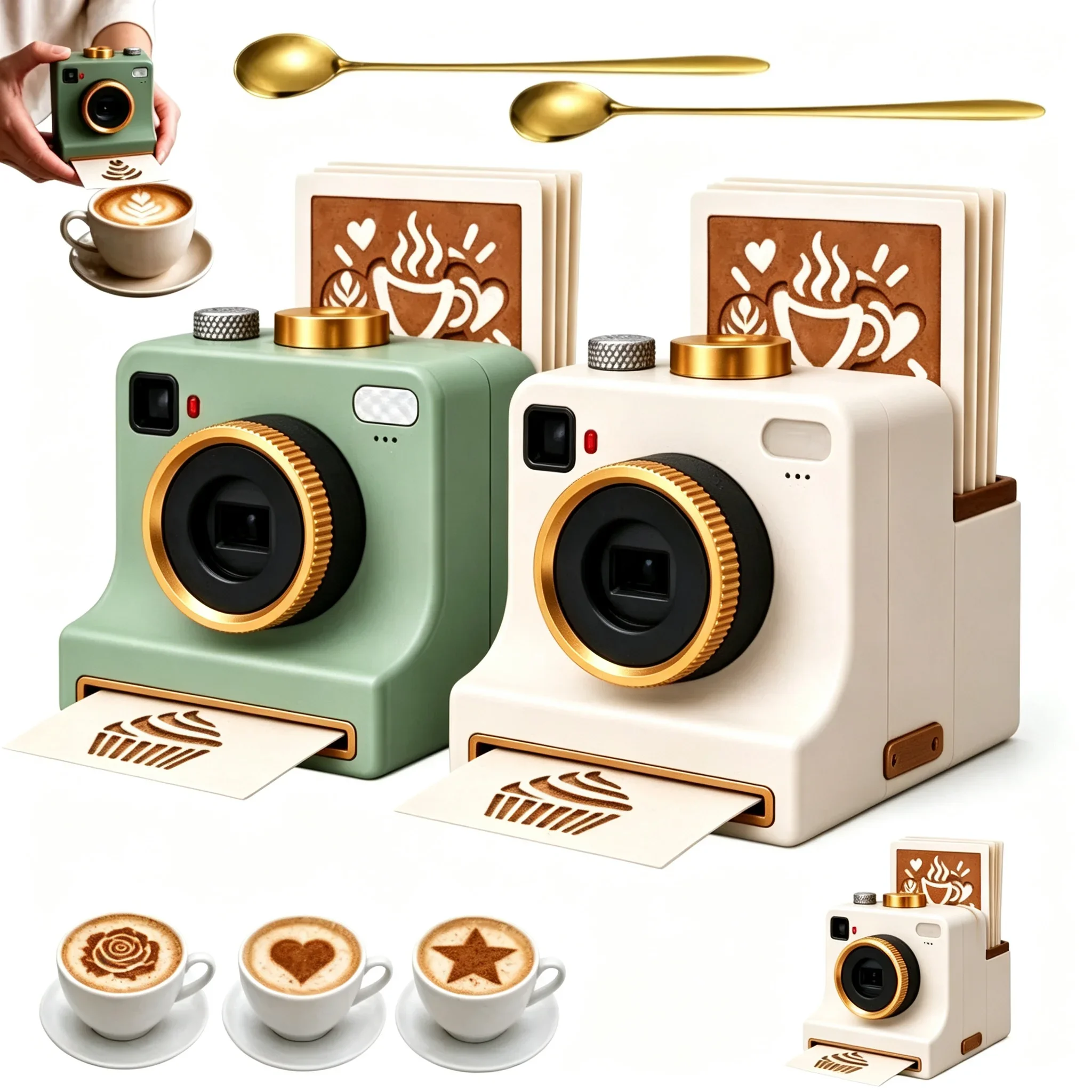 2026 3D Printed Latte Art Camera,One‑touch Coffee Printer Chocolate Foam Machine，Manual Printing Kit with Multiple Stencil Card