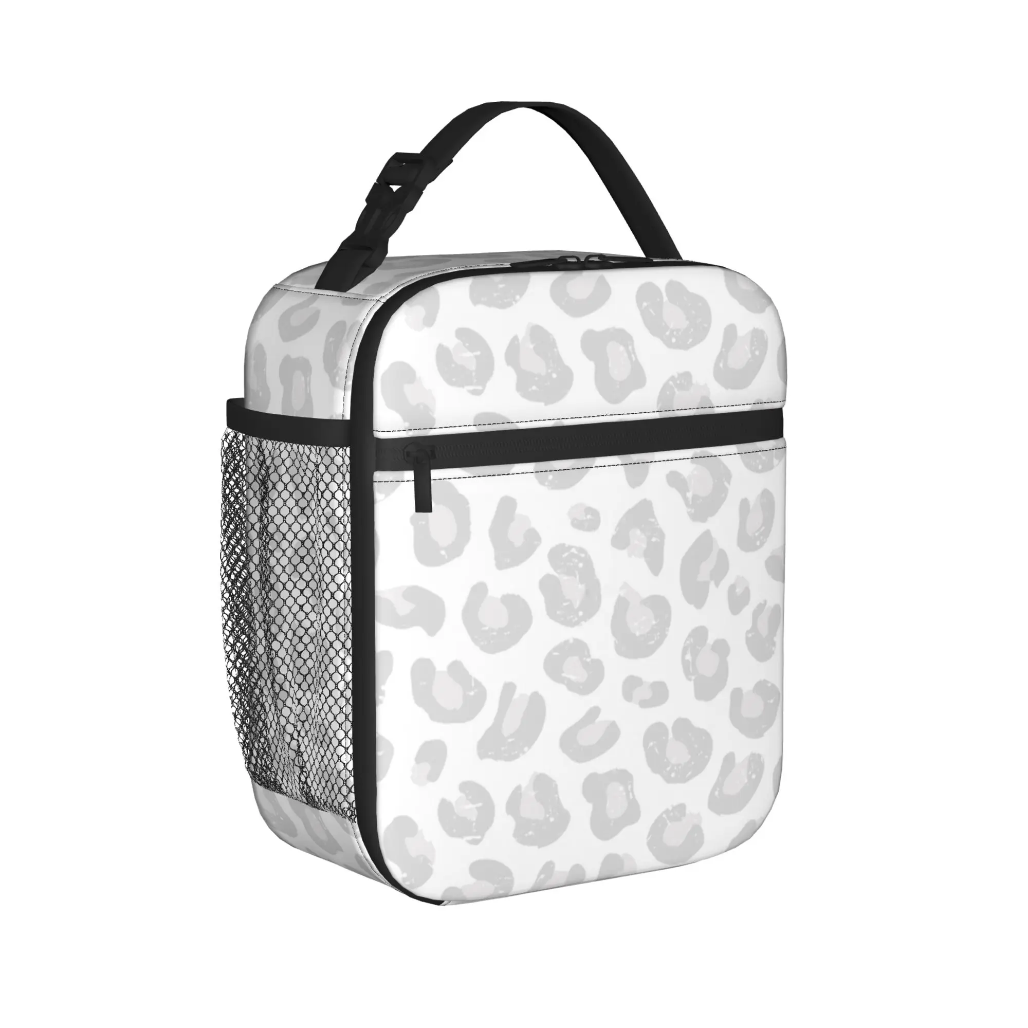Leopard Print Thermal Insulated Lunch Bags for Travel Silver Gray and White Portable Food Container Bags Thermal Cooler Food Box