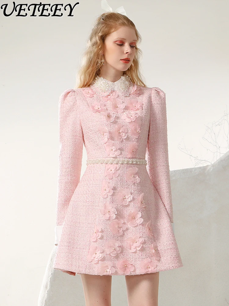 Lapel Waist Tight Long-Sleeved Pink Dress Elegant Socialite Temperament Beaded Flower Autumn Winter High Waist Bottoming Dresses