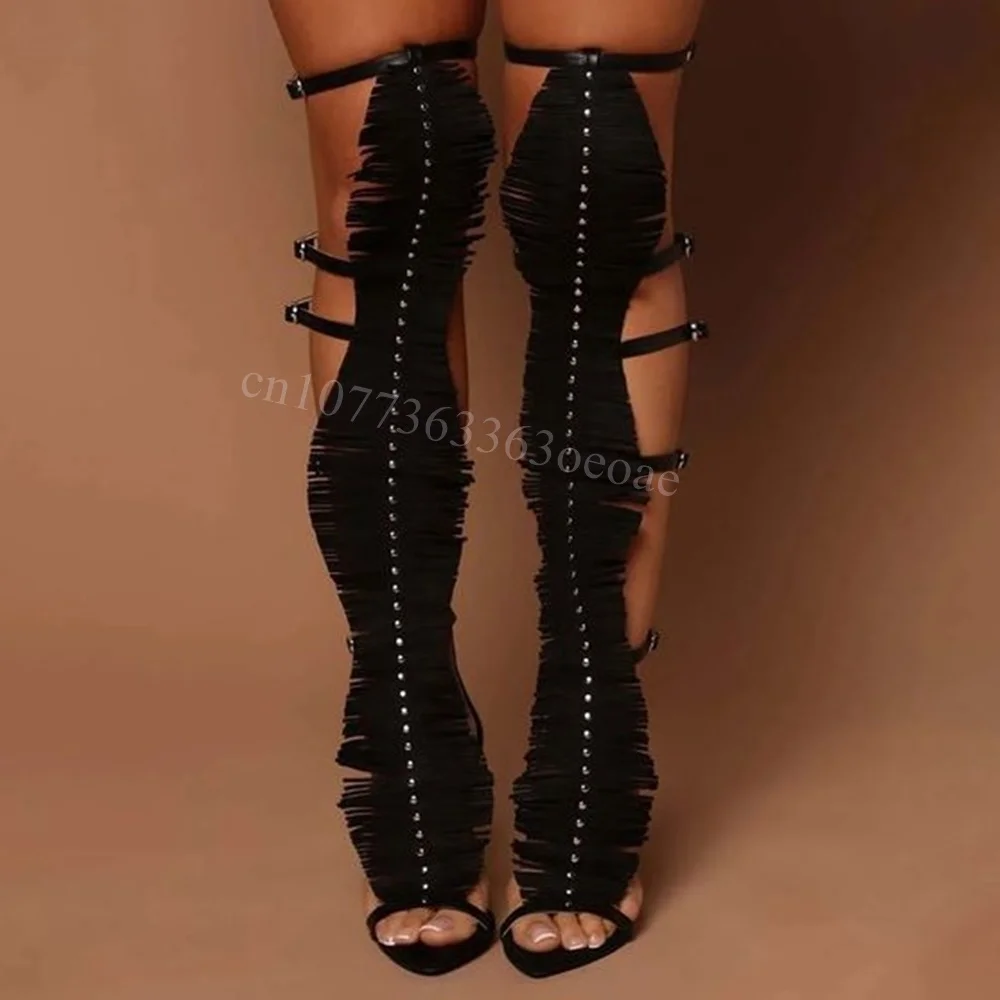 

Strappy Decor Suede Trim Decor Sandal Boots over the Knee Shoes for Women Thin High Heels Sexy Shoes 2024 Zapatos Para Mujere