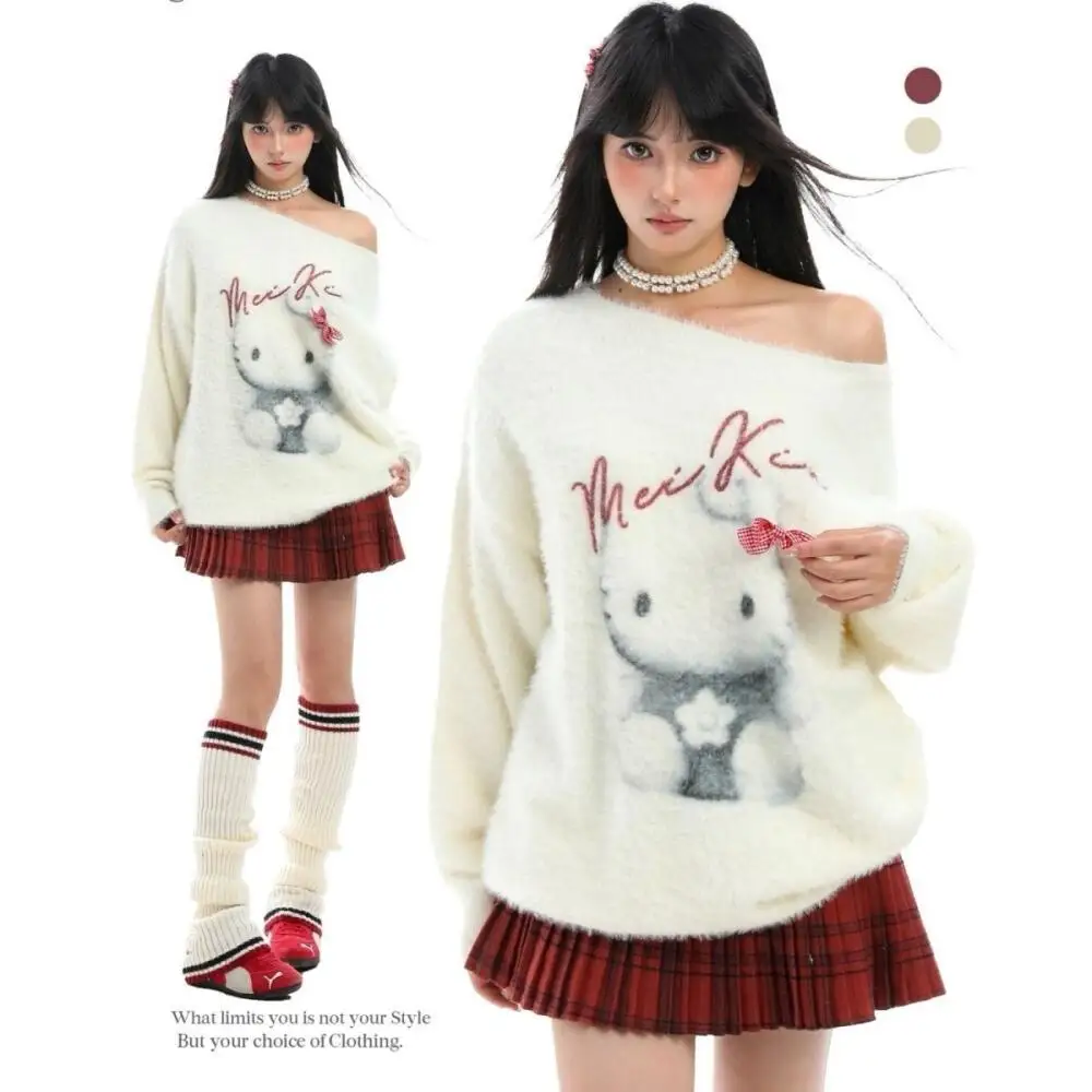 2025 مرحبا كيتي سترة لينة المرأة أنيمي Kawaii الخريف الشتاء الحياكة رشاقته القمم طالب فضفاض دافئ بلايز عادية الفتيات هدية