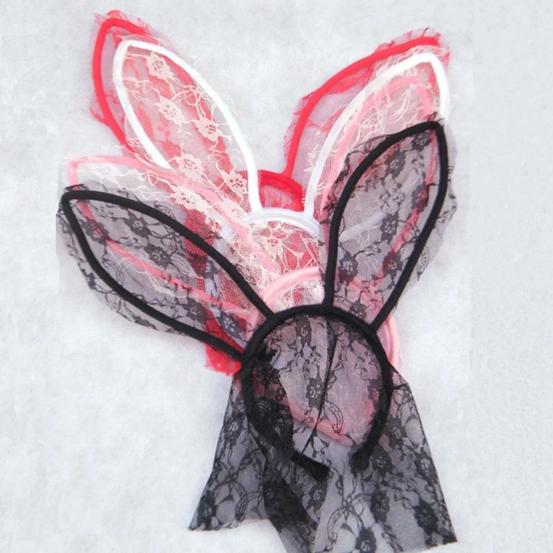 Bendable Cute Rabbit Ear Headband with Lace Veil for Costume Party Bunny Theme Photo Props for Girls Teens Headpiece