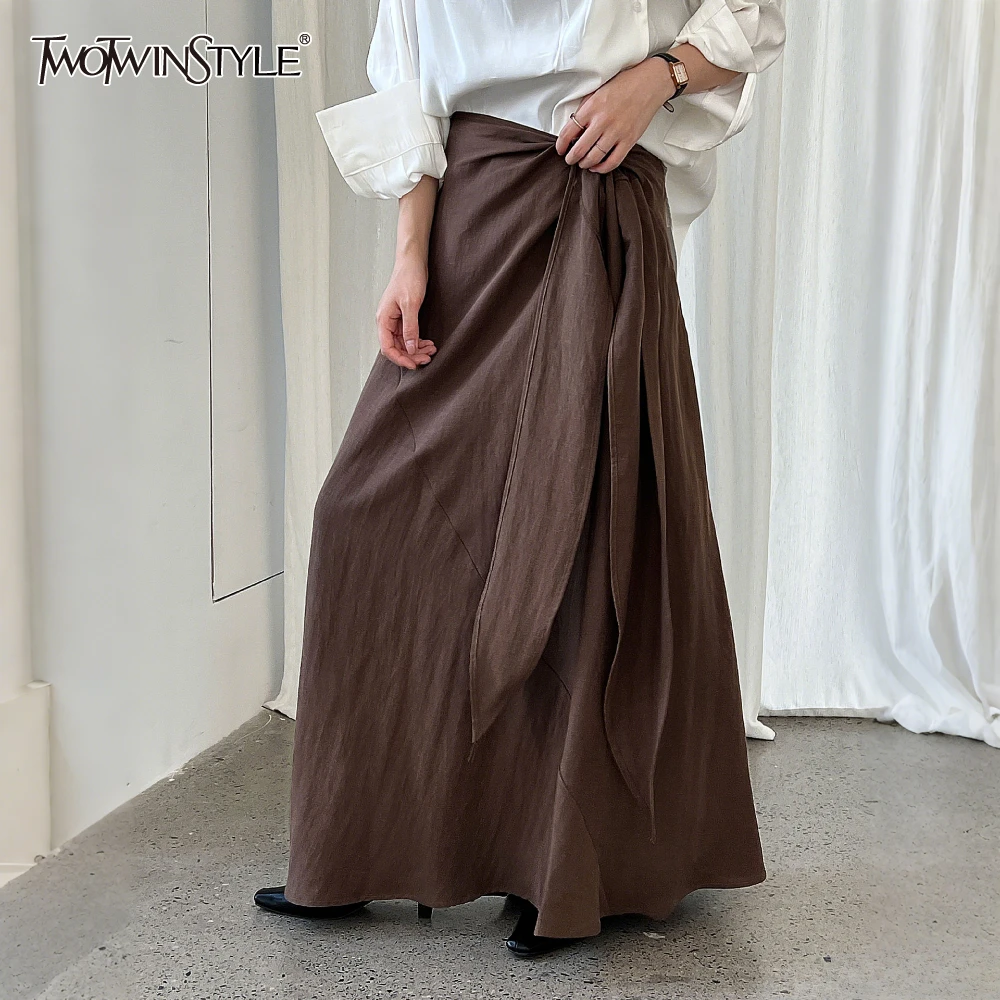 

TWOTWINSTYLE Solid Spliced Folds Minimalist Skirt Female High Waist Loose Irregular Women's Long Skirts Autumn Style Fashion New
