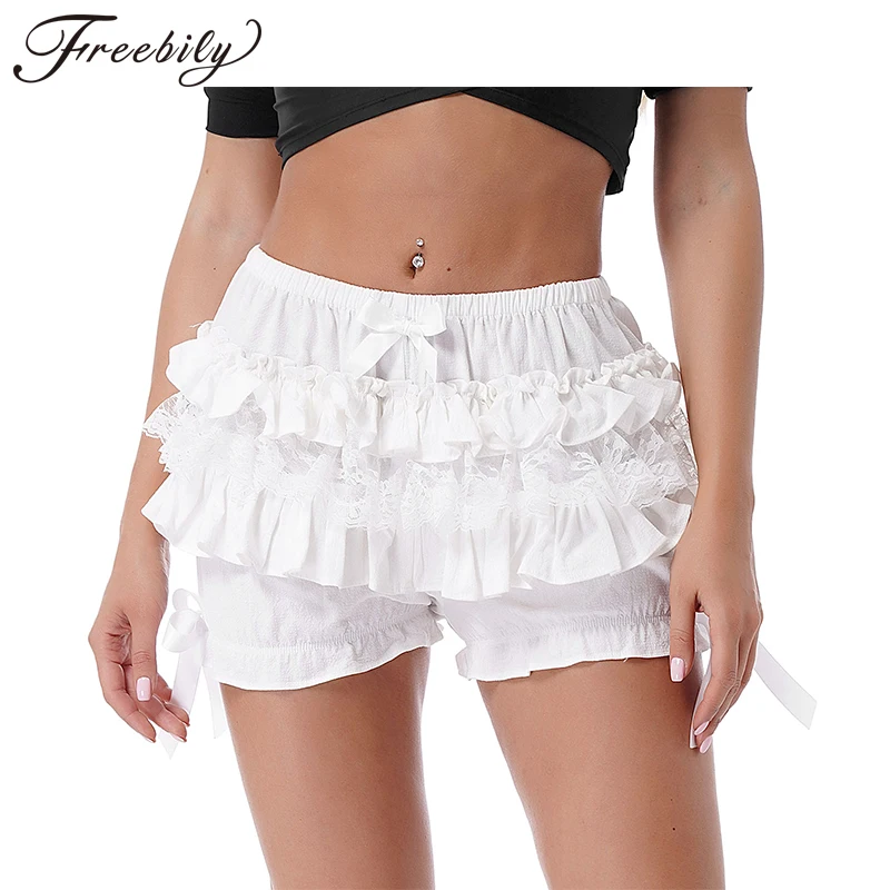 

Womens Lace Trim Layered Ruffle Bloomers Lolita Skirted Shorts Elastic Waistband Bowknot Decor Frilly Panties for Dress