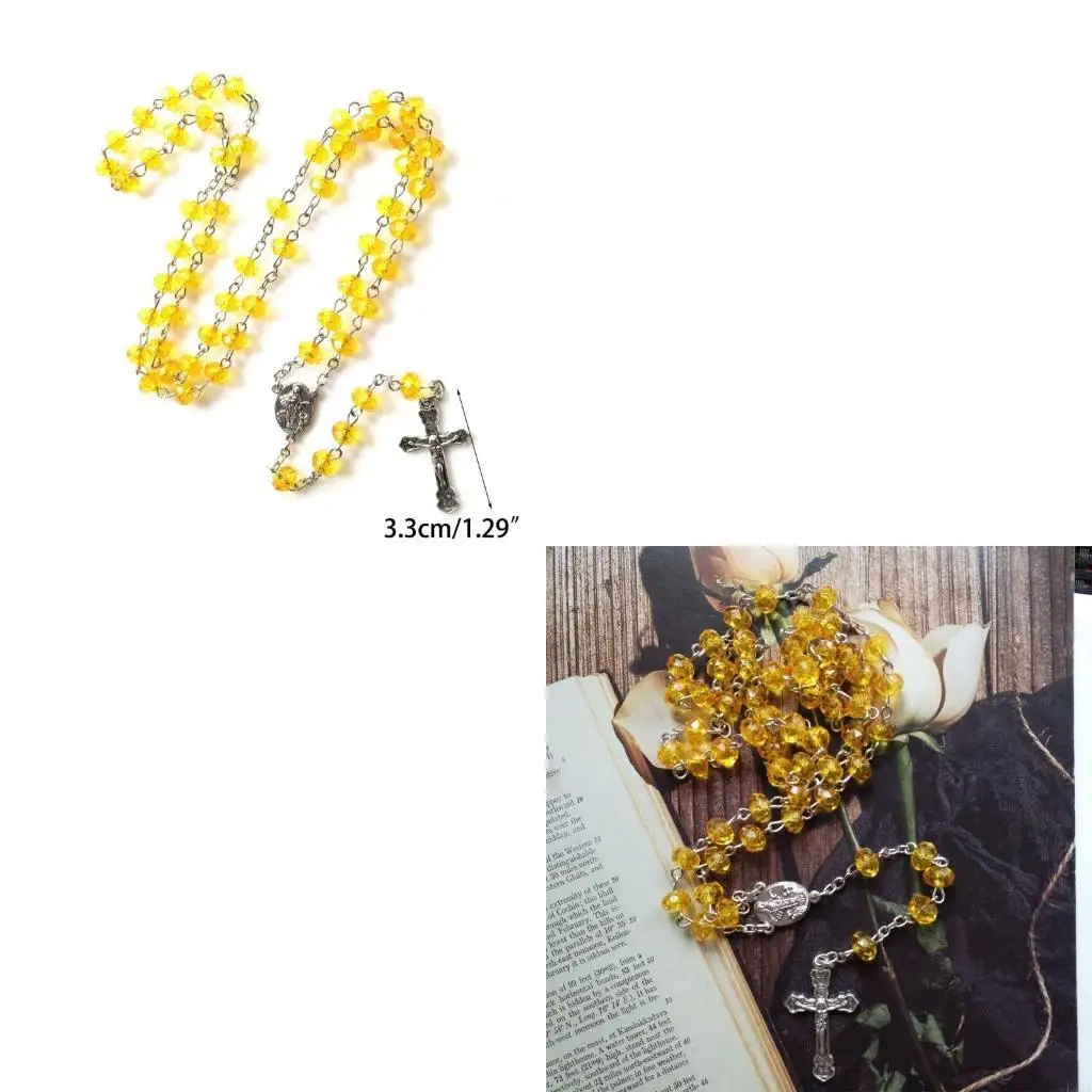L43A Imitation Crystal Rosary Necklace with Jesus Christ Crucifix Pendant Long Catholic Religious Jewelry for Women